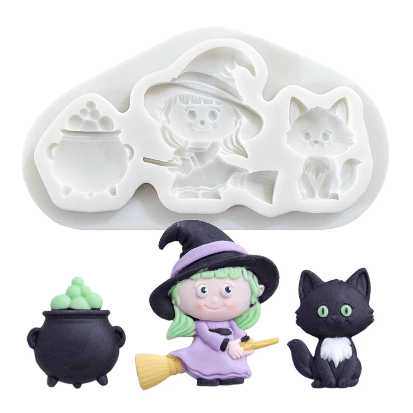 Halloween Witch Cat Cauldron Silicone Sugarcraft Mold Resin Tools Cupcake Baking Mould Fondant Cake Decorating Tools