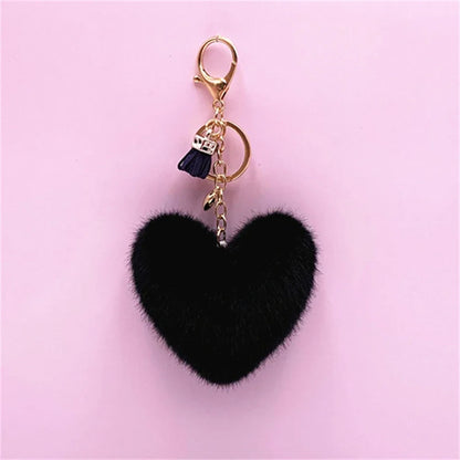 Rainbow Heart Pompom Keychain – Colorful Plush Ball Tassel Bag Charm for Women