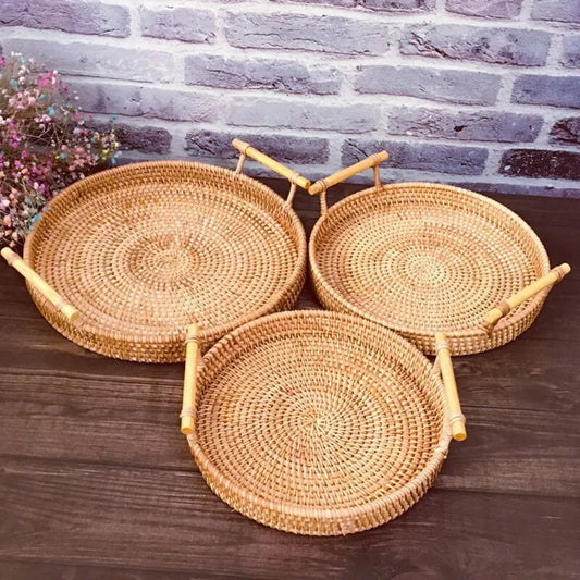 1PC Rattan Bread Storage Woven Snacks Fruit Round Tray Picnic Binaural Tray Living Room Table Finishing