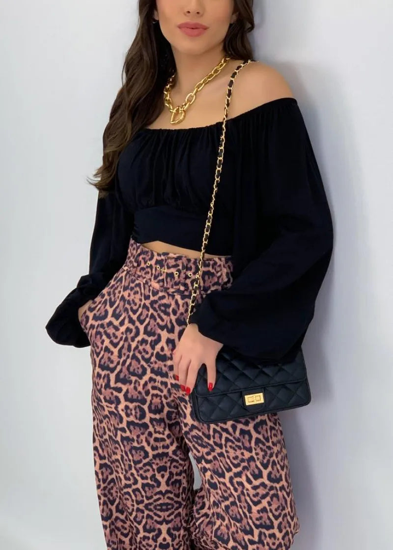 Women's Sexy Off-Shoulder Puff Sleeves Lace-up Tops Navel-Baring Shirts One-Colored Elegant Ladies Bright Color T-Shirt Tops