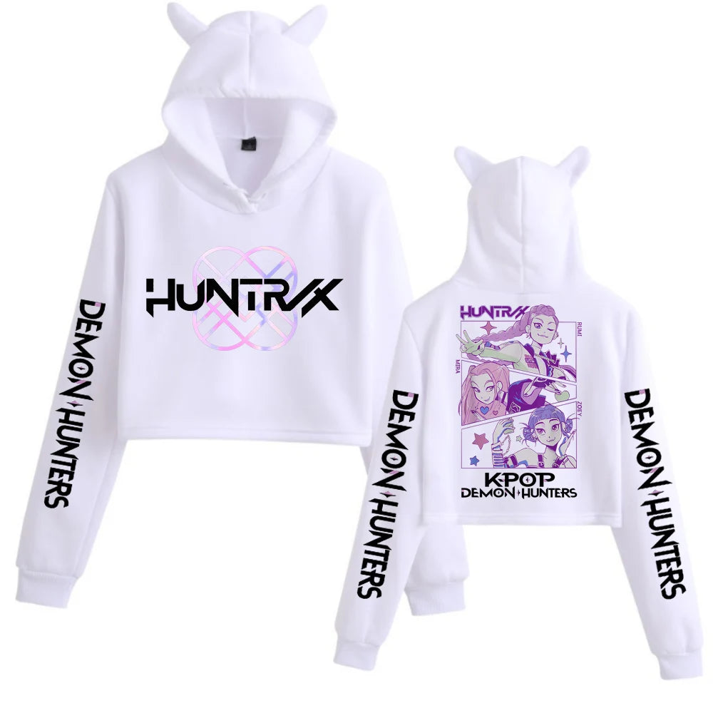 Kpop Demon Hunters Crop Tops Cat Ears Sweatshirt Long Sleeve Girls Fashion Hoodie