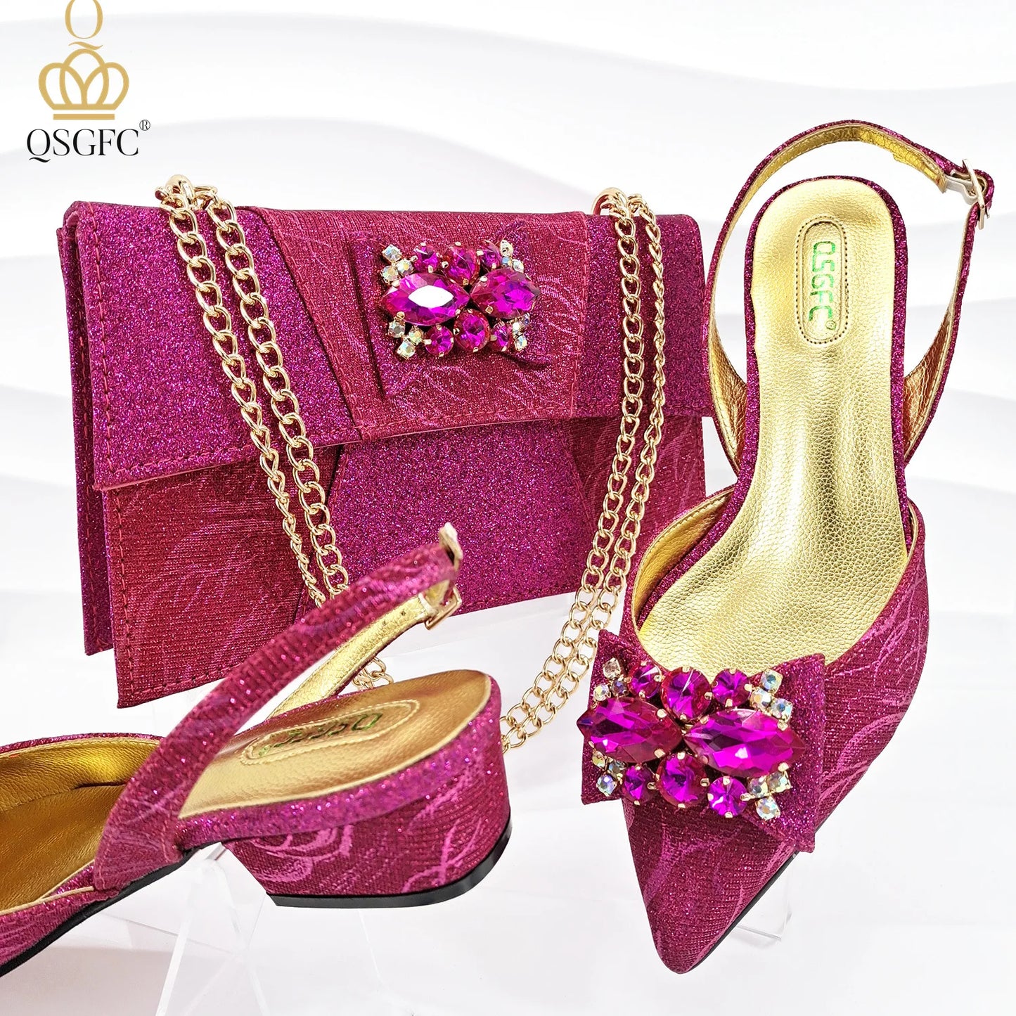 Italian-designed elegant evening shoes and bag set with African crystal accents, offering comfortable shoes and a spacious bag, perfect for commuters and women's fashion.