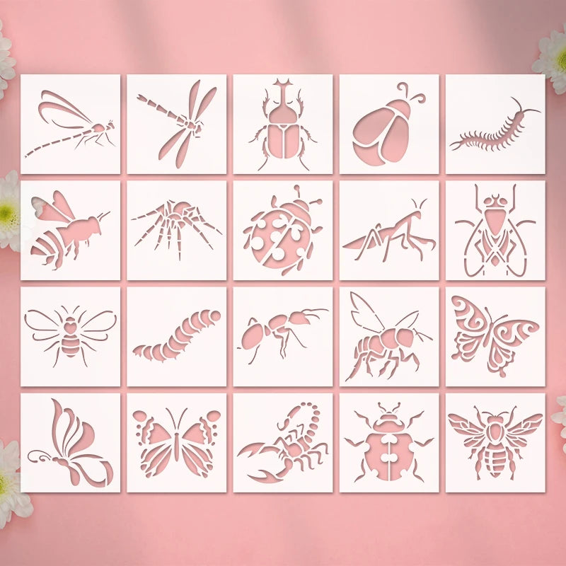 20‑Piece Insect Series Stencil Set – Reusable Hollow‑Out Dragonfly, Bee & Insect Pattern Templates for DIY Painting and Craft Projects