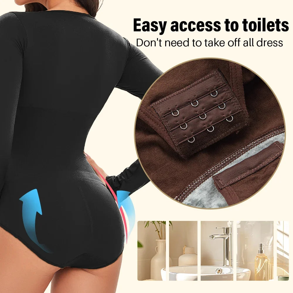 Womens Spandex Elastic Body Suit   Tummy Control Long Sleeve Shapewear Open Crotch
