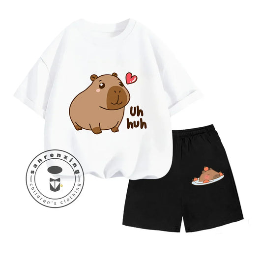 Unisex Two-Piece Set: Vertical Graphic Cartoon Print, O-Neck, Short Sleeves, and Shorts for Boys and Girls