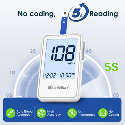 Bioland G‑425‑2 Blood Glucose Meter – Fast 5‑Second Results with 50 Test Strips, Diabetes Testing Kit