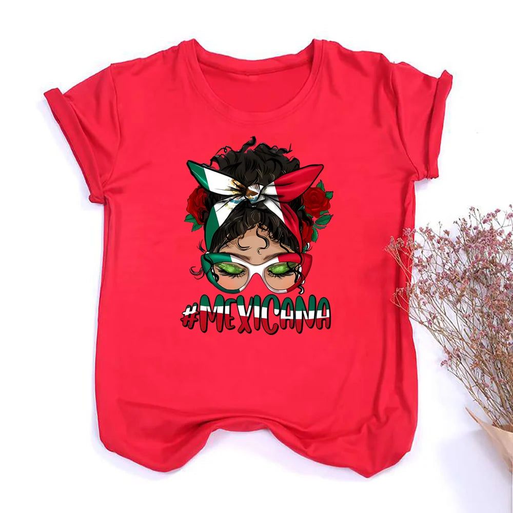 Mexicana Printed Women Top Women's Mexican Flag Pattern Casual T-shirt Summer Round Neck Short Sleeve Shirts Outfits