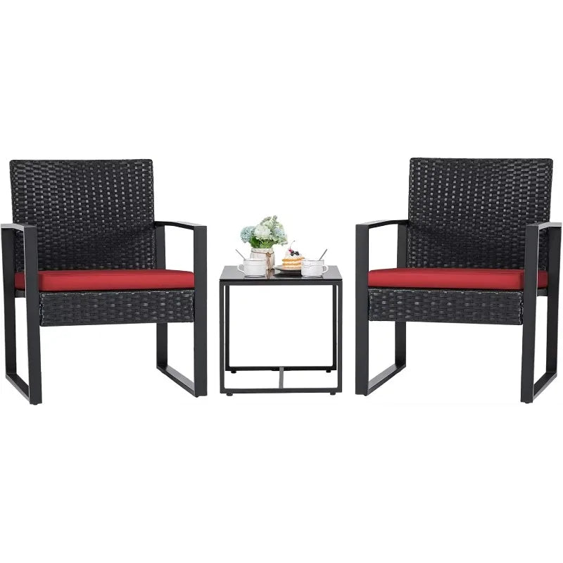 3‑Piece Red Wicker Patio Set – Modern Outdoor Rattan Chairs with Coffee Table
