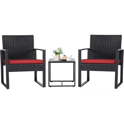 3‑Piece Red Wicker Patio Set – Modern Outdoor Rattan Chairs with Coffee Table
