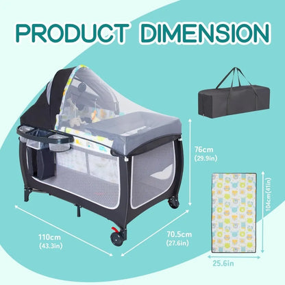 Foldable Baby Playpen Portable Crib with Adjustable Canopy Music Box and Changing Table for Newborn Infant Toddler Travel