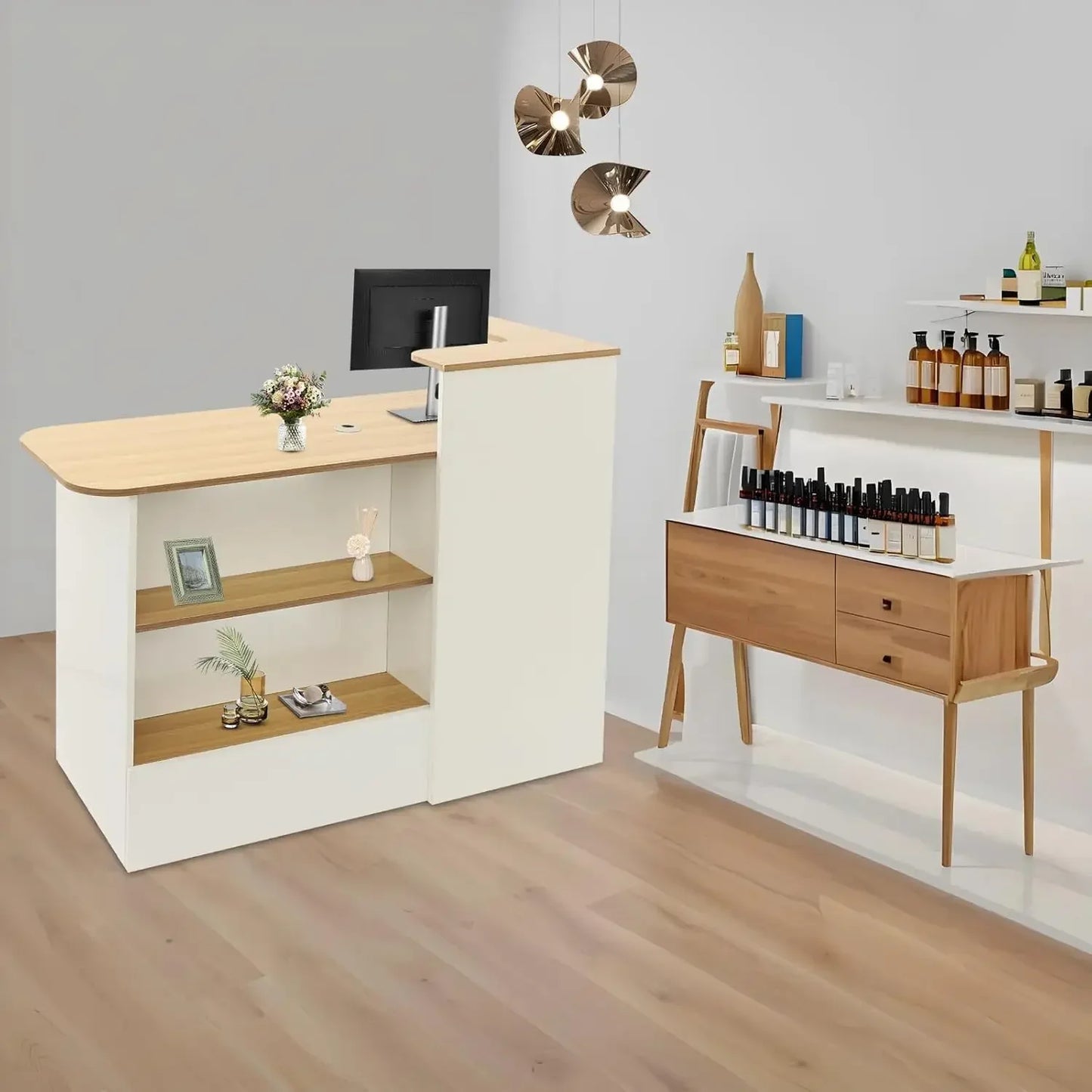 L Shaped Reception Desk With LED Lights Cable Grommet Lockable Drawers Modern Front Table For Lobby Salon Office Retail Checkout
