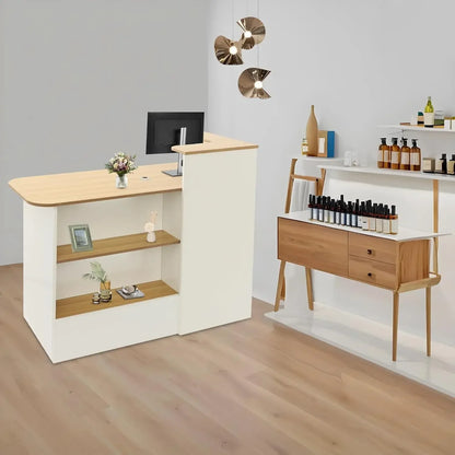 L Shaped Reception Desk With LED Lights Cable Grommet Lockable Drawers Modern Front Table For Lobby Salon Office Retail Checkout