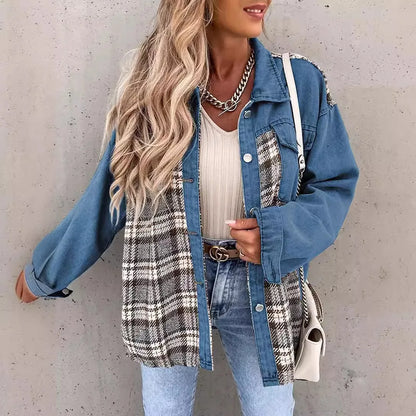Women’s Long Sleeve Denim Jacket – Punk Plaid Print Button‑Up Irregular Shirt Jacket