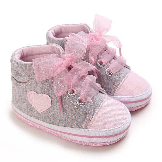 Newborn Baby Infant Wearable Toddler Girls Canvas Shoes Heart Bow Tie