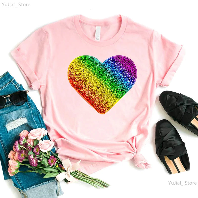 Rainbow Heart Print Lgbt T Shirt Summer Top Female T-Shirt Cute Girl Tumblr Clothes Tee Shirt Femme Streetwerar 90s 00s Tshirt