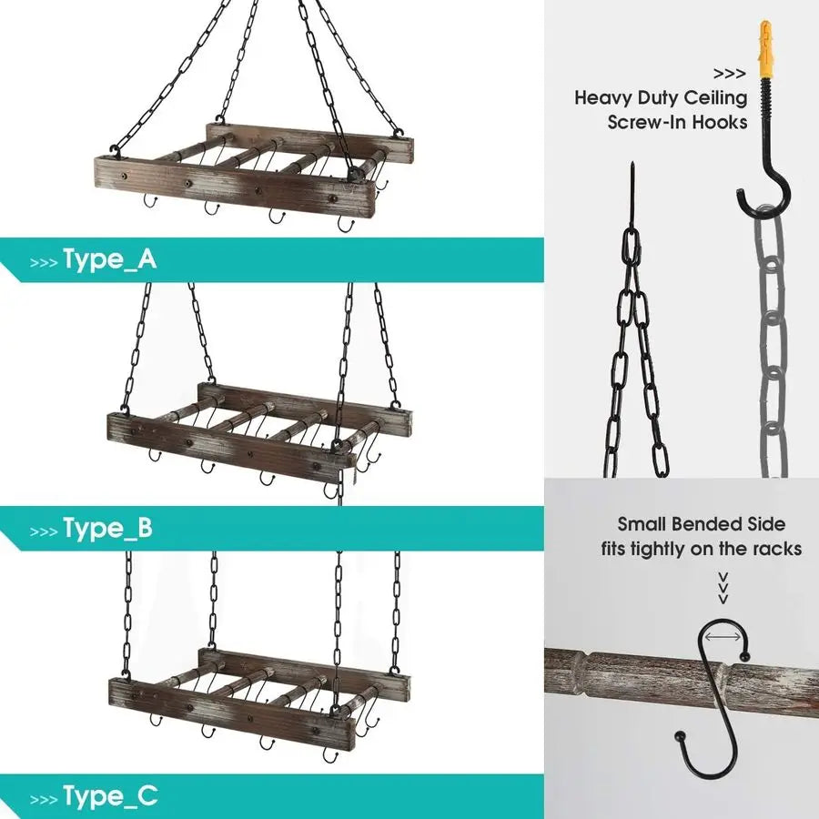 JACKCUBE DESIGN Hanging Pot Rack Pan Ceiling Wall Mounted Hanger Multi Purpose Rustic Wood and Metal Cookware Kitchen Storage Or
