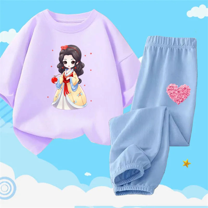 Teens Girls' 2-Piece Fashion Outfit: Princess Short Sleeve T-Shirt and Long Pants Tracksuit Set