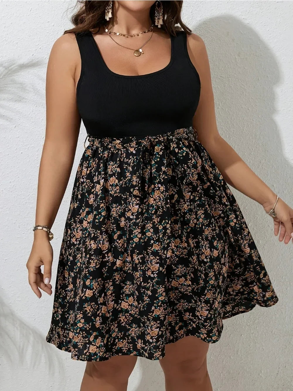 Plus Size Dress Summer Knit Floral Printed Dresses for Women Sleeveless Knee Length Big Size Tummy Control Casual Elegant Dress