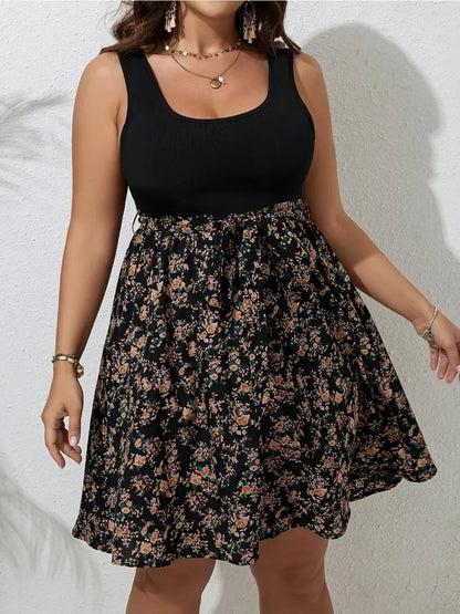 Plus Size Dress Summer Knit Floral Printed Dresses for Women Sleeveless Knee Length Big Size Tummy Control Casual Elegant Dress
