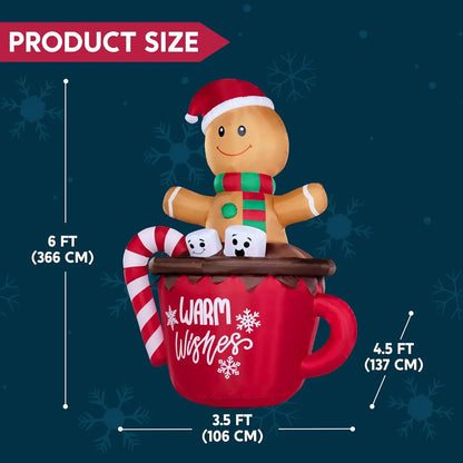 JOYFY 6 FT Tall Christmas Inflatable Gingerbread Man in Hot Cocoa Mug with Build-in LEDs for Xmas Party Outdoor Garden Decor