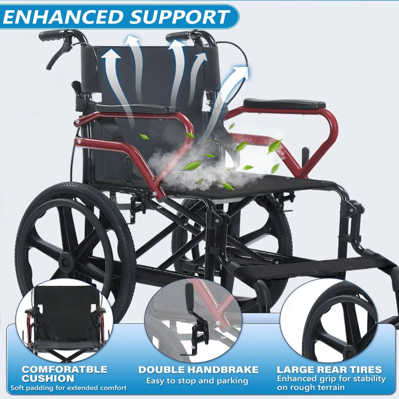 18“Large wheels Wheelchair with Hand Brake Lightweight Foldable Wheelchair for Elderly, Durable Home & Outdoor Patient