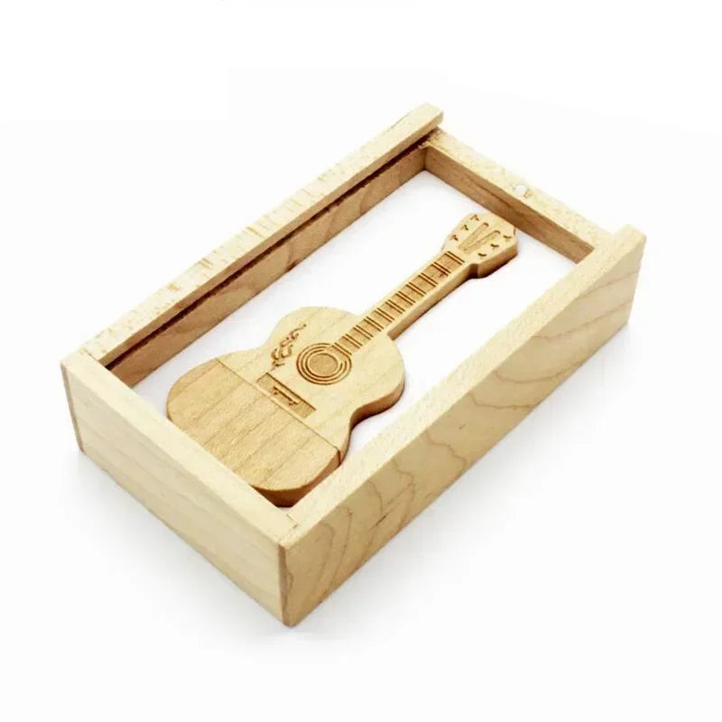 Wooden Guitar USB2.0 Flash Drive 4G 8G 16G 32G 64GB 128G Comes With Key Chain Gifts Pen Drives Box Memory Stick
