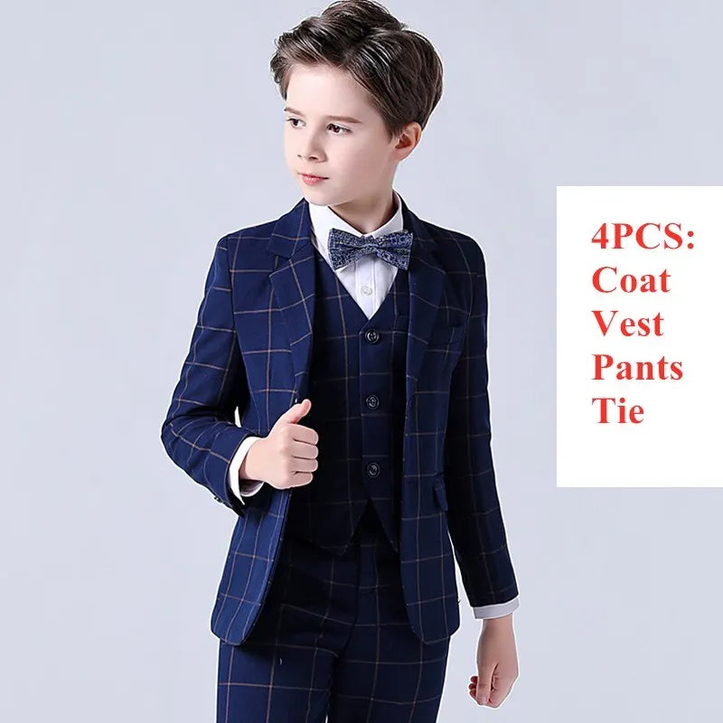 Boys Top Quality Plaid Suit Tuxedo Bowtie Blazer
