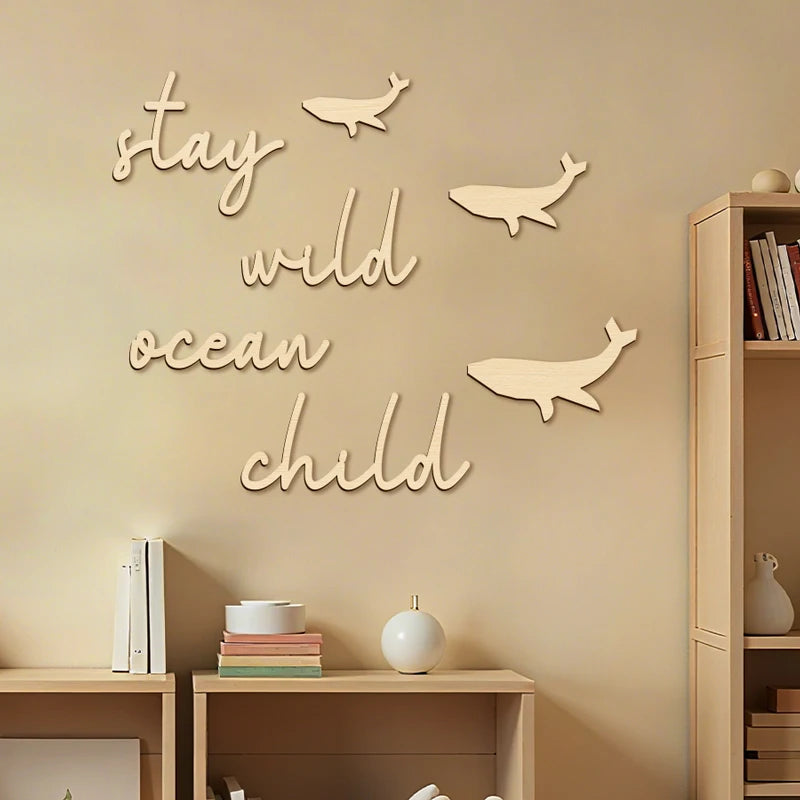 Stay Wild Ocean Child Sign Wooden Wall Stickers Coastal Room Wall Stickers Wood Phrase and Fish Pattern Decor Room Wall Decor