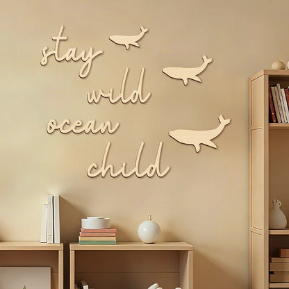 Stay Wild Ocean Child Sign Wooden Wall Stickers Coastal Room Wall Stickers Wood Phrase and Fish Pattern Decor Room Wall Decor