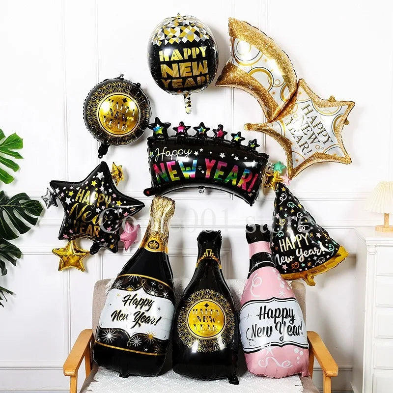 2026 New Year Foil Ballons Happy New Year Letter Banner Garland Party Decorations New Year Wine Bottle Star Round Photo Props