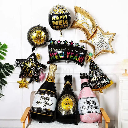 2026 New Year Foil Ballons Happy New Year Letter Banner Garland Party Decorations New Year Wine Bottle Star Round Photo Props