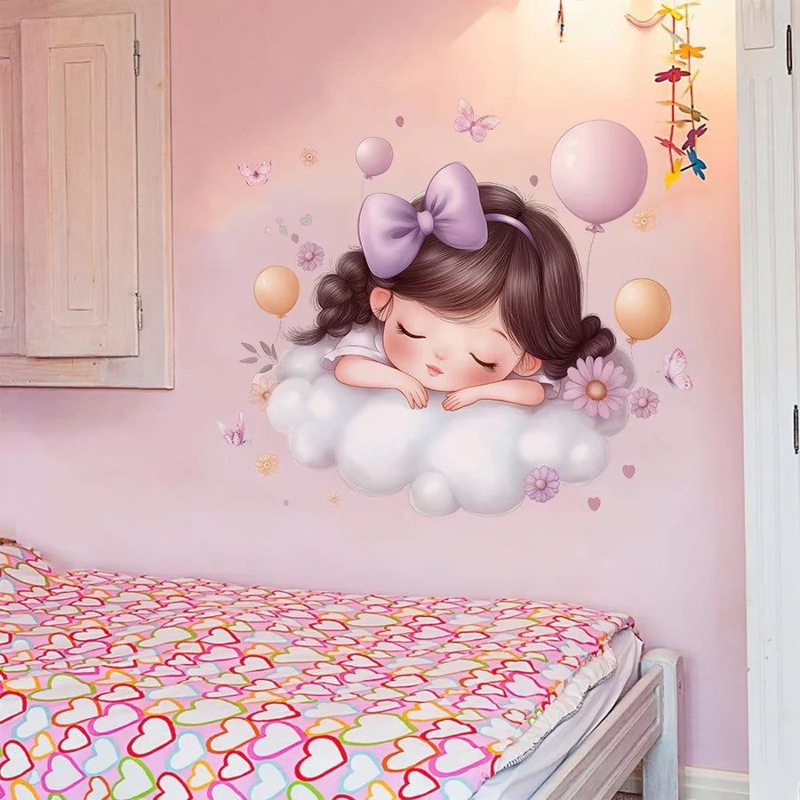 Cute Cartoon Girl Hugging Rabbit Wall Sticker Nursery Kids Room Decor Removable Self-Adhesive Home Art Decal