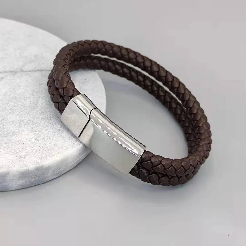 Personalized Black Leather Explorer Bracelet For Men Custom Engraved Name Date Strong Magnetic Clasps Bracelet Father's Day Gift