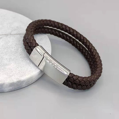 Personalized Black Leather Explorer Bracelet For Men Custom Engraved Name Date Strong Magnetic Clasps Bracelet Father's Day Gift