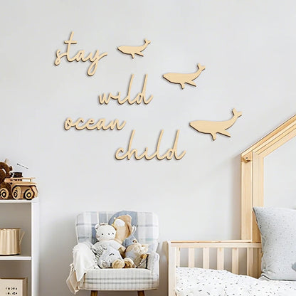 Stay Wild Ocean Child Sign Wooden Wall Stickers Coastal Room Wall Stickers Wood Phrase and Fish Pattern Decor Room Wall Decor