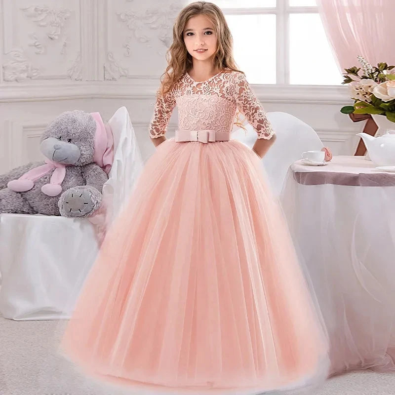 Girl's Elegant Tulle Bow Dress for Party Bridesmaid Wedding Ball Gown Princess First Communion Dress