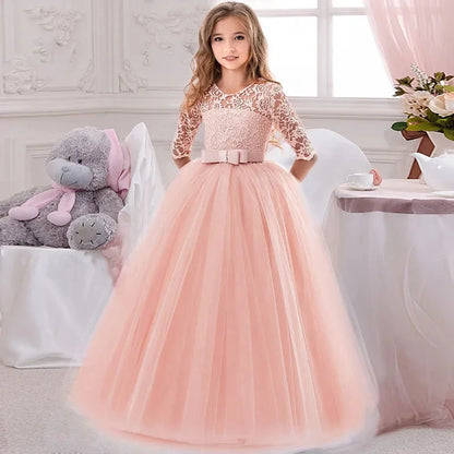 Girl's Elegant Tulle Bow Dress for Party Bridesmaid Wedding Ball Gown Princess First Communion Dress