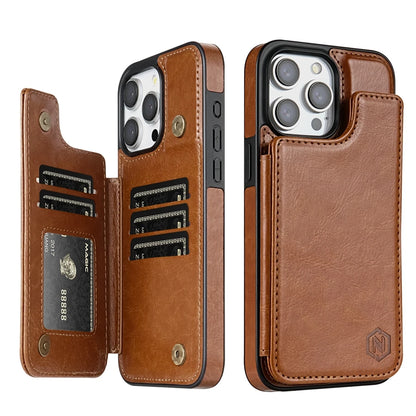 Magnetic Wallet Case for iPhone – Solid‑Color Leather Cover with Double Buckle, RFID‑Blocking Card Holder (iPhone 15/14/13/12/11, XR, XS, SE2, 8, 7)