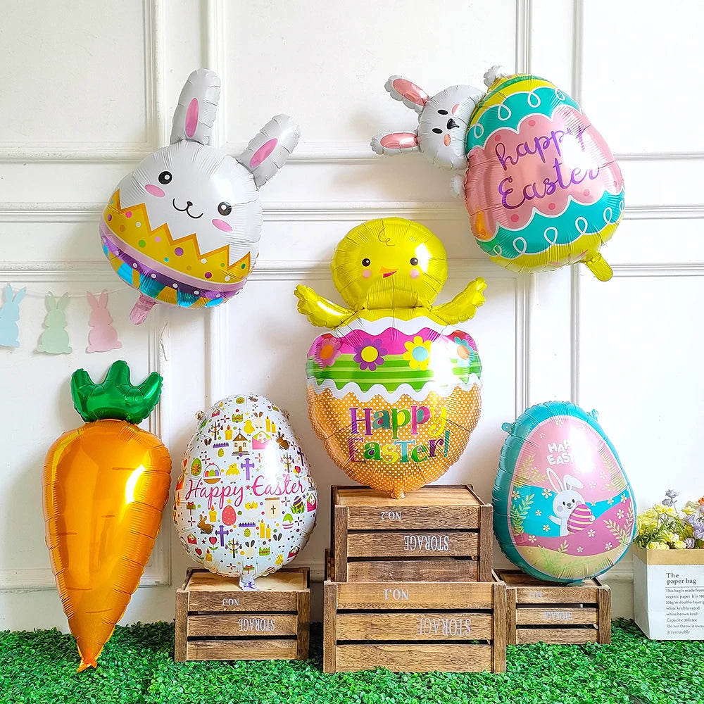 Easter Bunny & Chick Foil Balloon – Cute Standing Rabbit, Egg & Carrot Helium Balloon for Kids’ Party Decor