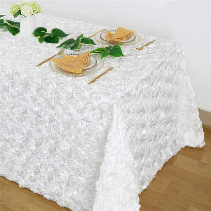 120x180CM White Seamless Grandiose 3D Rosette Satin Rectangle Tablecloth