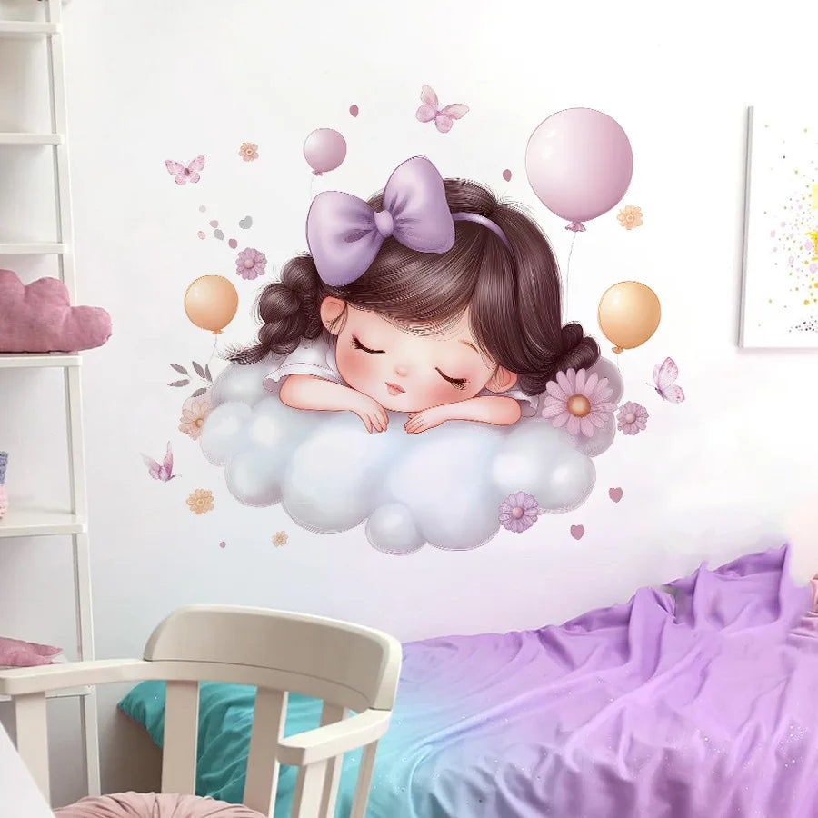 Cute Cartoon Girl Hugging Rabbit Wall Sticker Nursery Kids Room Decor Removable Self-Adhesive Home Art Decal