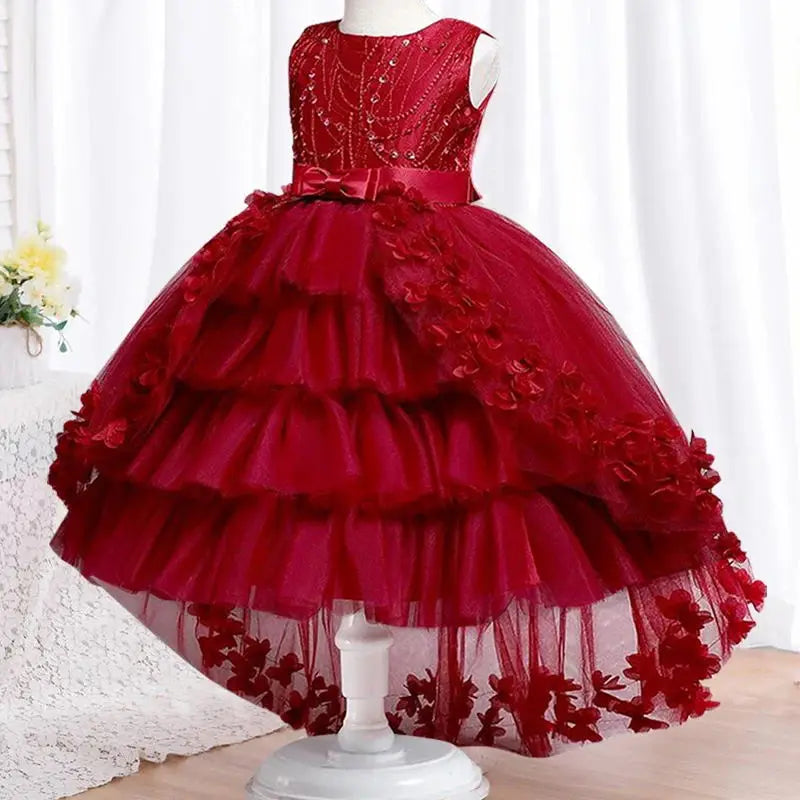 Party Embroidered Sticker Tailcoat Flower Girl Birthday Party 3-12  Sequin Dress