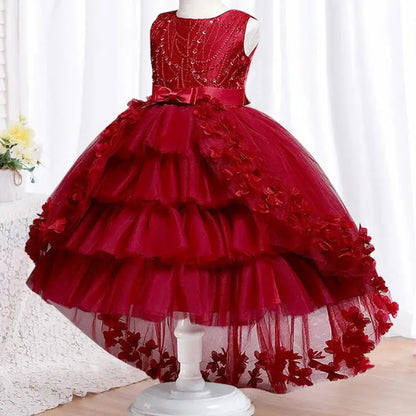 Party Embroidered Sticker Tailcoat Flower Girl Birthday Party 3-12  Sequin Dress