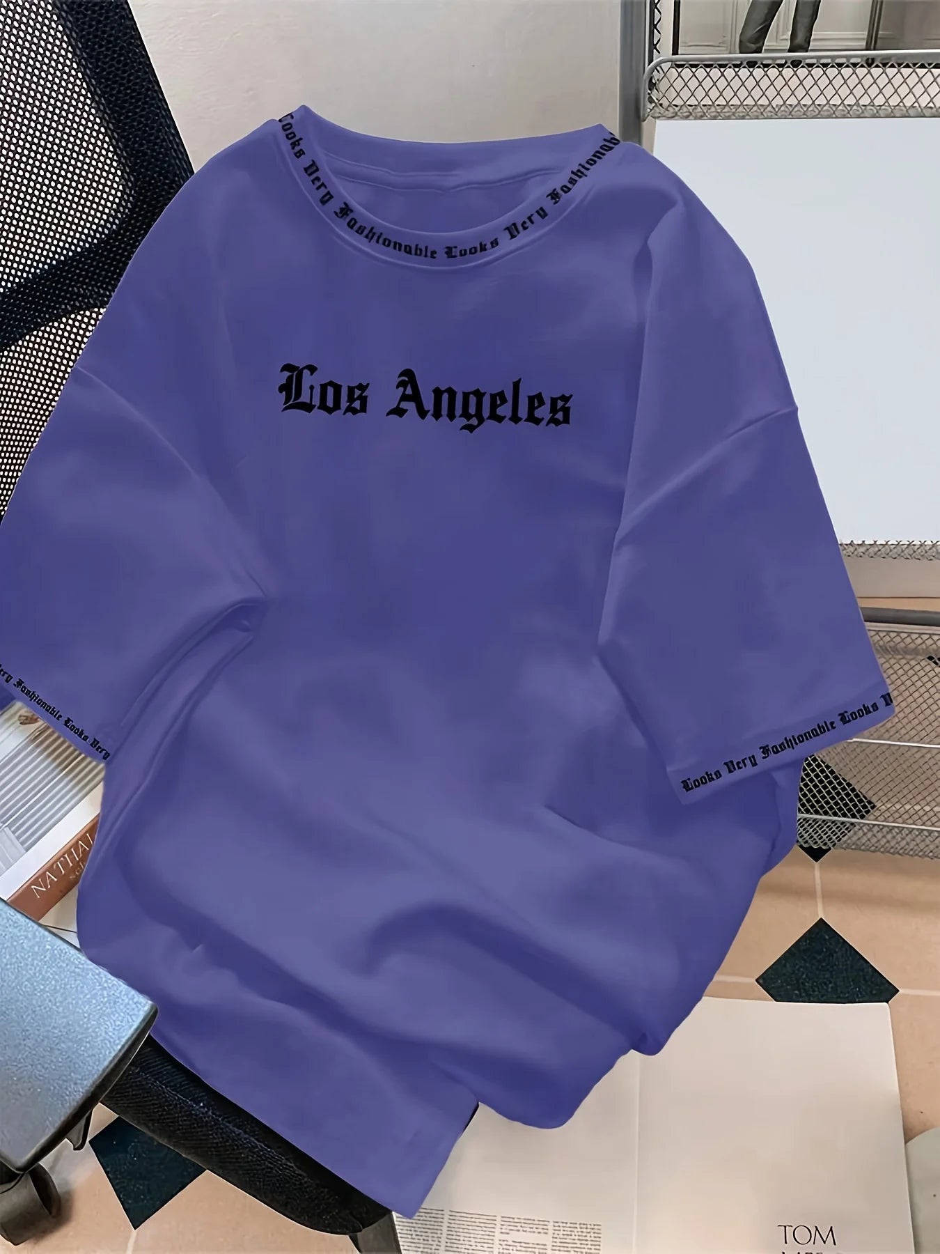 Men's Oversized Los Angeles Letter Print T-Shirt Polyester Summer Breathable Fabric Stylish Minimalist Short-Sleeve Design