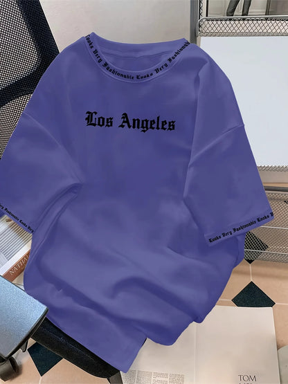 Men's Oversized Los Angeles Letter Print T-Shirt Polyester Summer Breathable Fabric Stylish Minimalist Short-Sleeve Design