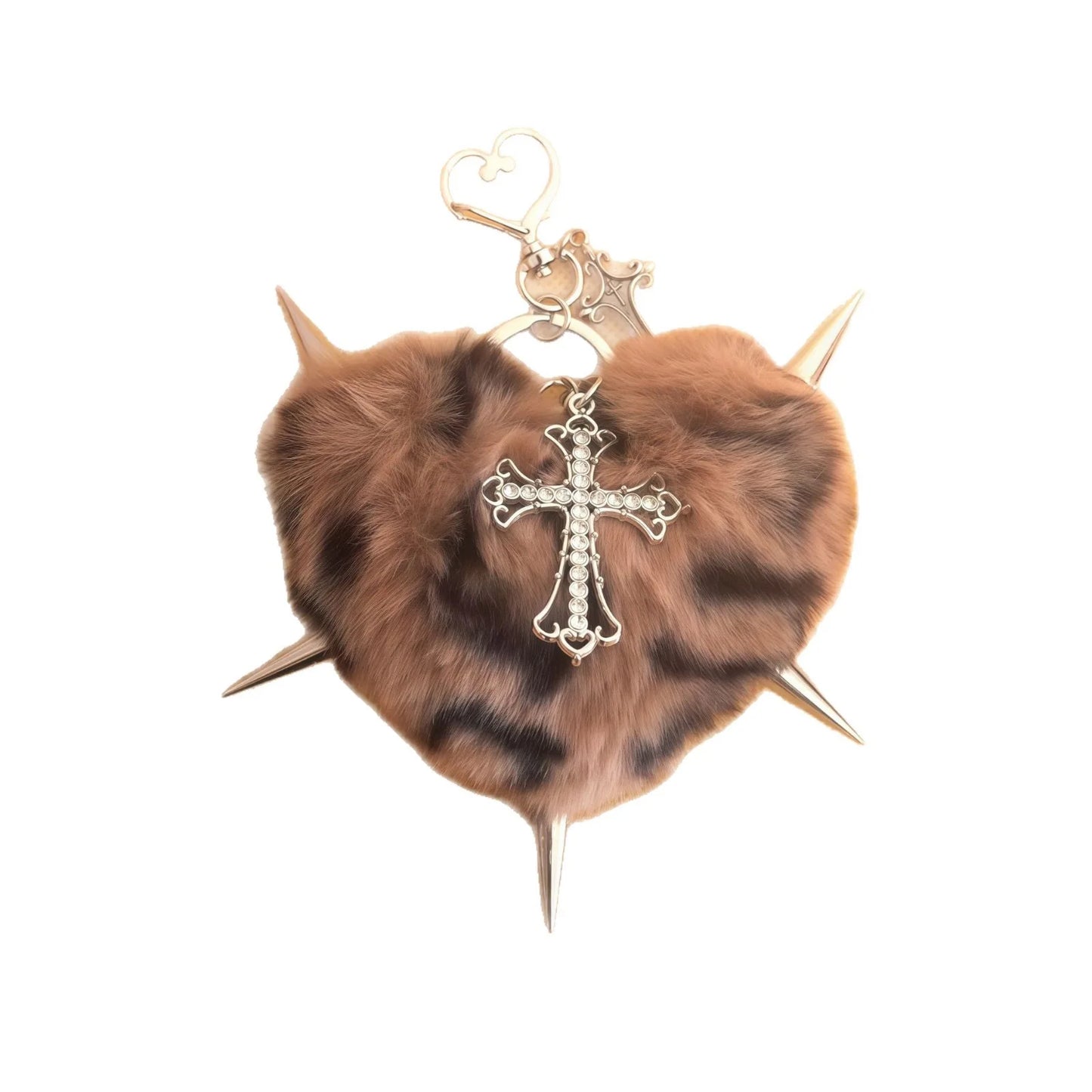 Punk Leopard Print Rivet Cross Keychain – Cool Grunge Rock Heart Bag Charm & Gothic Accessory