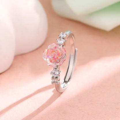 PONYKISS 925 Sterling Silver Pink Zircon Rose Flower Adjustable Rings for Women Cute Plant Fine Jewelry Minimalist Accessories