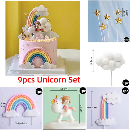 9‑Piece Unicorn Rainbow Cake Topper Set – Unicorn, Clouds, Stars & Happy Birthday Decorations for Girls’ First Birthday Party