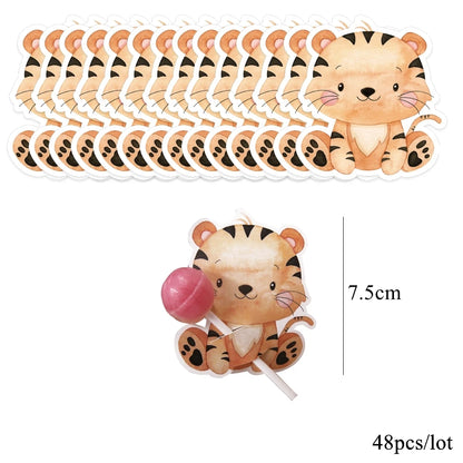 48pcs Wild Animal Lollipop Cards Carton Candy Holder For Kids Wild Forest Happy Birthday Party Candy Gift Accessories Supplies