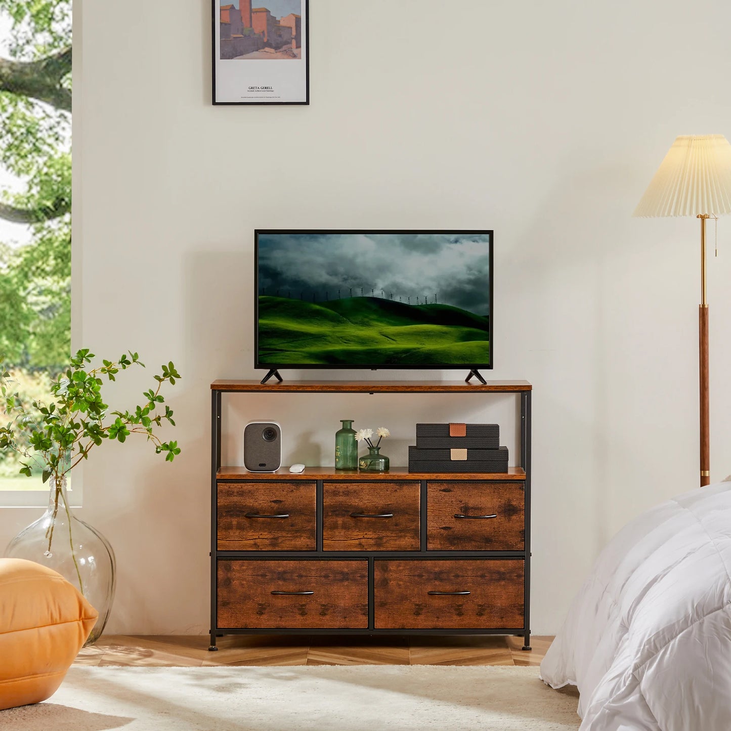 TV Stand Dresser For Bedroom With 5 Fabric Drawers Storage JHK